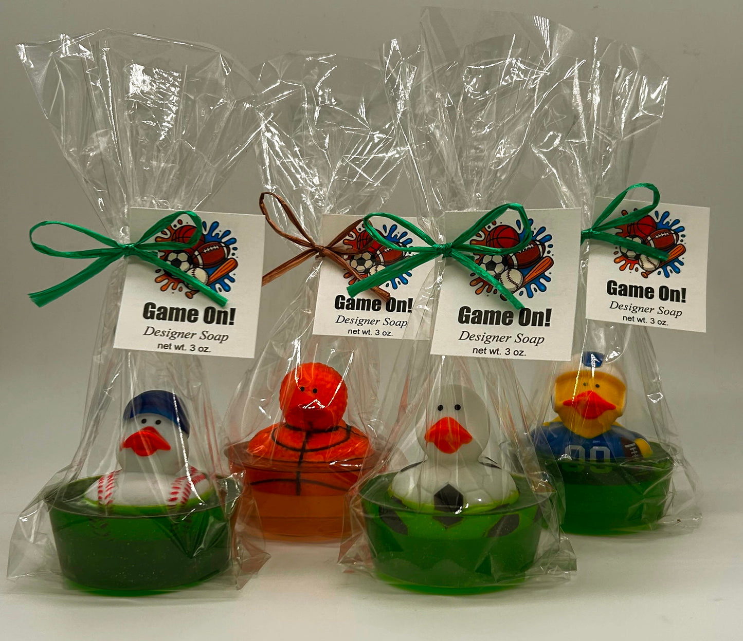 Sport soap duck for kids in cello bags with Game On! tag