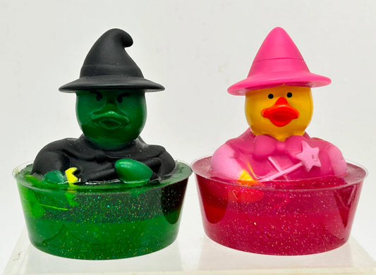 Glinda and Elphaba rubber ducks, in glitter soap with dish for colorful baths.