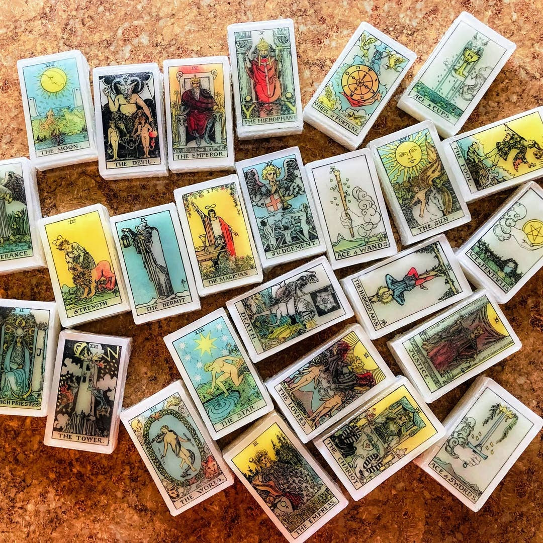 Collection of image cards on a wooden surface