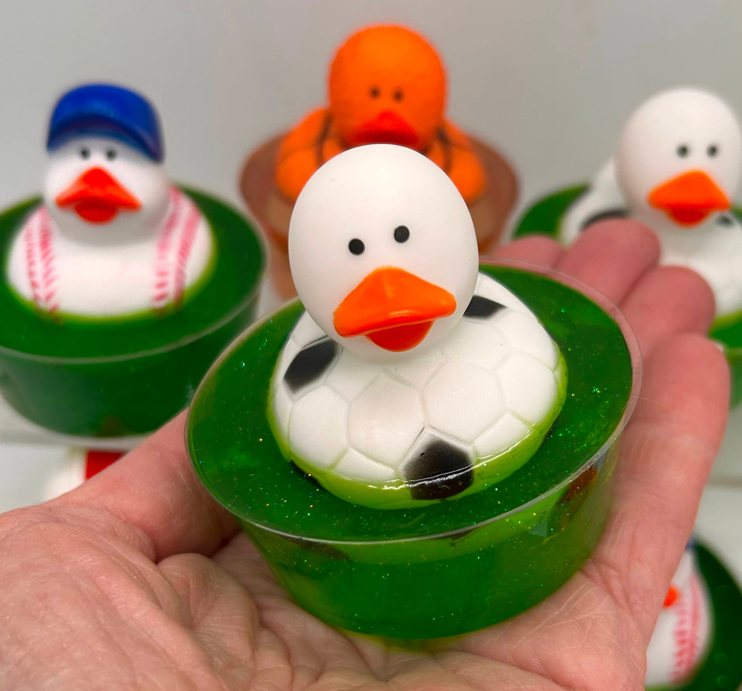 Soccer soap duck in soap dish
