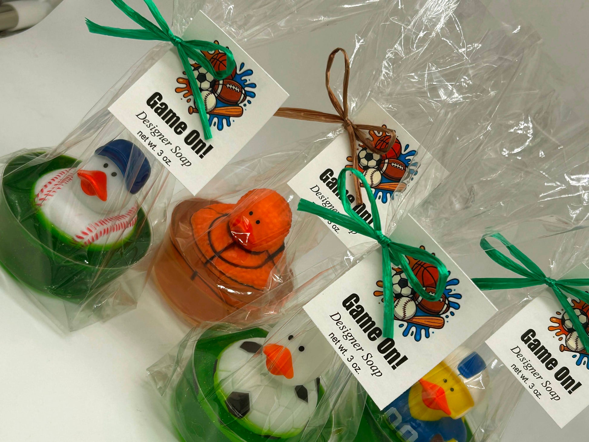 Sport soap duck for kids in cello bags with Game On! tag